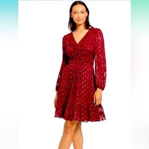 London Times Bishop Sleeve Tiered Fit & Flare Dress Size 14 Metallic Chiffon Red